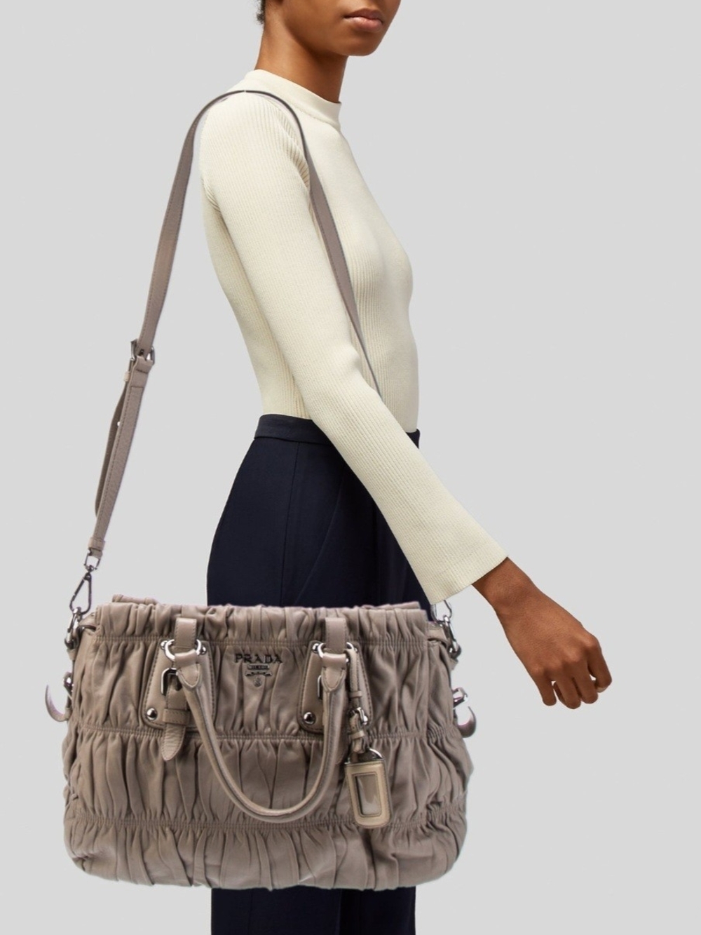 Prada Taupe Gaufre Gathered Leather Satchel - Picture 2 of 6